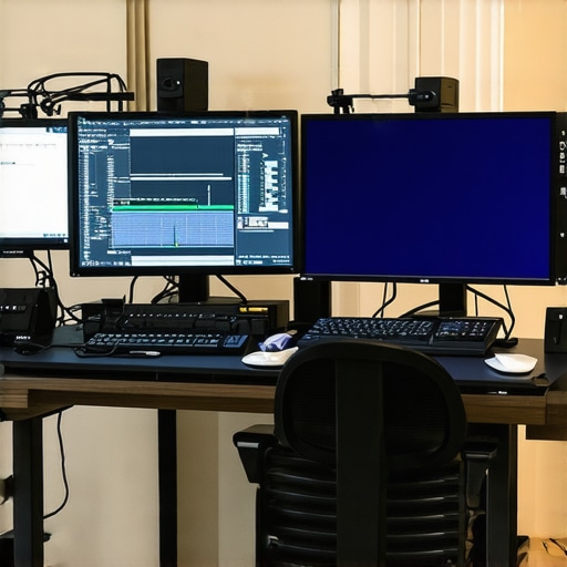 Professional editing station with monitors, control surface, and calibration equipment