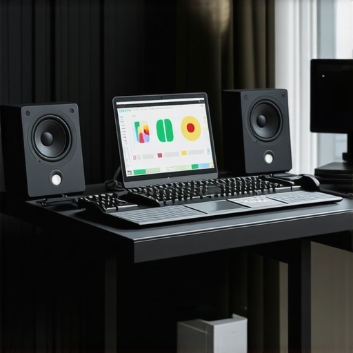 Advanced Editing Station with Calibration Tools A modern editing workspace featuring calibration devices and AI-powered hardware controls.