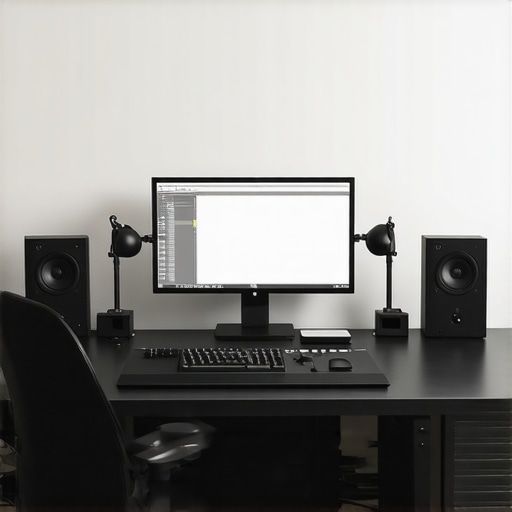 Advanced Editing Workspace with Professional Accessories Professional editing workspace featuring control surfaces, dual monitors, and ergonomic gear