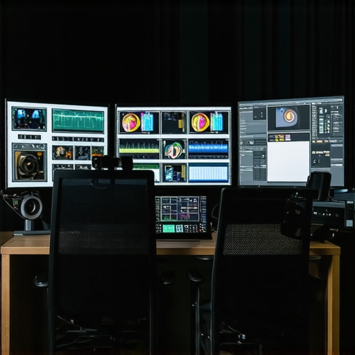 A professional content creator working with dual monitors and specialized editing accessories in a modern studio setup.