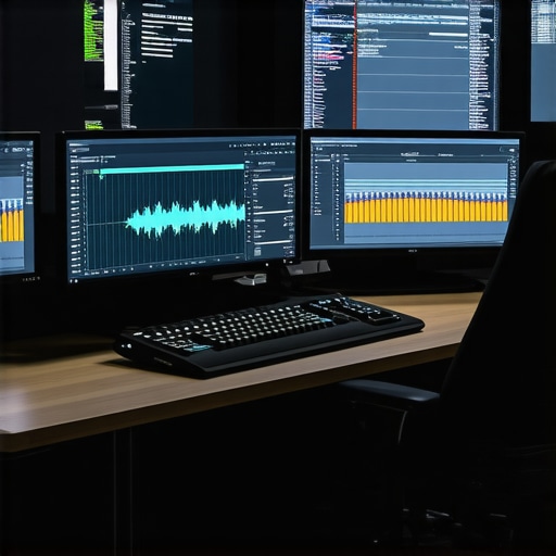 A high-tech editing setup featuring multiple monitors, control surfaces, and AI-enhanced editing software.