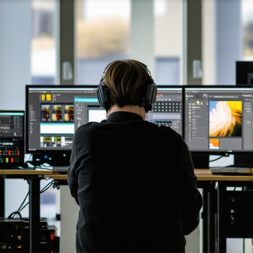 Colorist at Work with Advanced Equipment A professional colorist adjusts color grading on a high-resolution monitor using DaVinci Resolve, with calibration tools nearby.