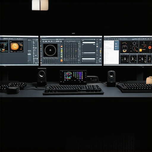 A professional editing studio featuring multiple monitors, calibration devices, and high-performance AI hardware.