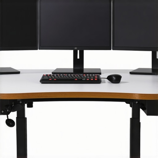 Modern ergonomic workspace with adjustable desk, control surface, and monitors