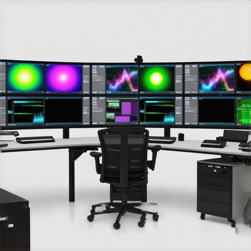 Modern color grading workstation with high-end monitors and AI-integrated software