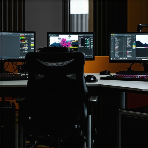 Modern editing studio with multiple screens and advanced hardware