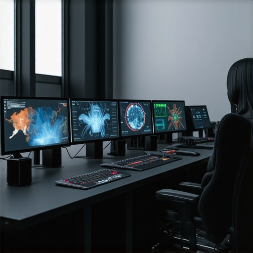 A modern editing studio featuring holographic control interfaces and AI assistants