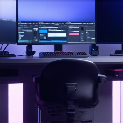 A modern workspace featuring advanced editing hardware and AI-based software interfaces.