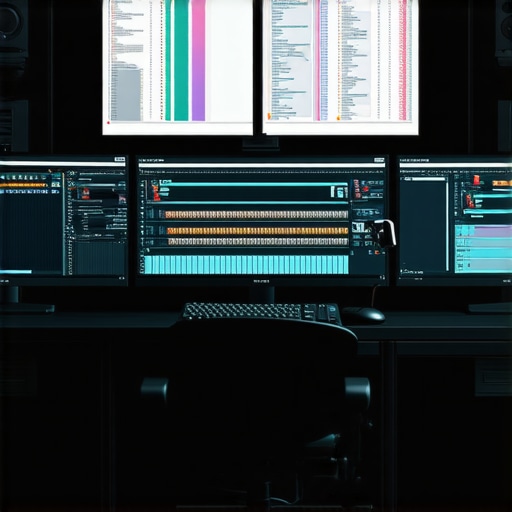 A creative professional working on multiple screens showcasing color grading and AI editing interfaces.