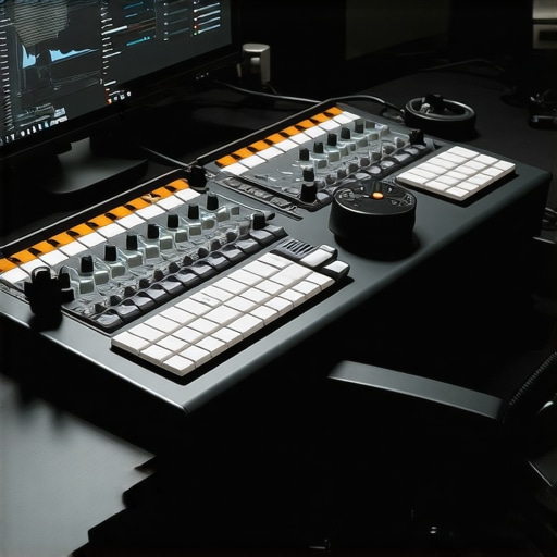 High-End Editing Hardware Setup A sophisticated editing workspace showcasing interconnected professional accessories and calibration devices