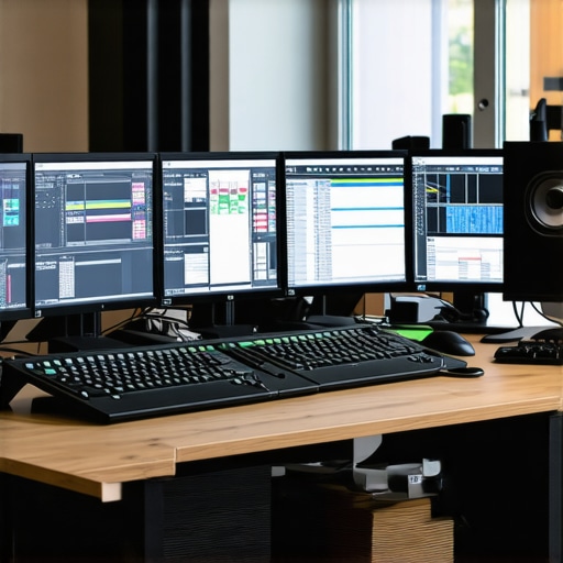 A state-of-the-art video editing station featuring calibrated monitors, control panels, and audio interfaces