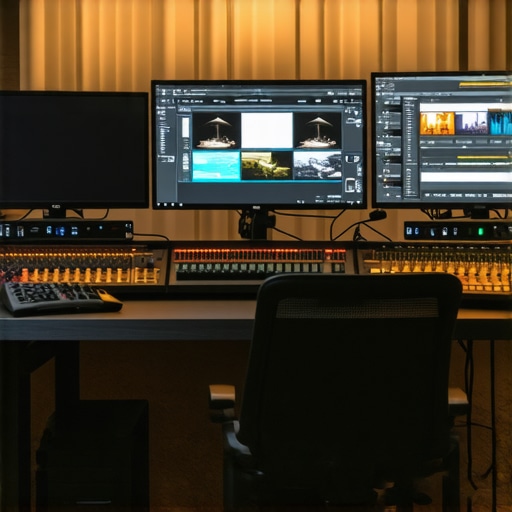 A modern professional video editing setup showcasing dual monitors and sophisticated editing hardware.