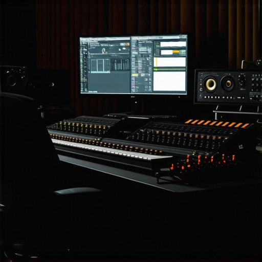 A professional editing workspace with synchronized hardware controls and multiple screens displaying editing projects.