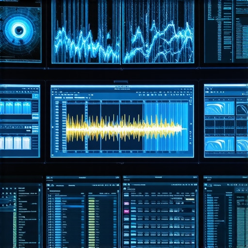 Neural Network-Driven Editing Interface Futuristic editing workspace with AI visualizations and multiple monitors