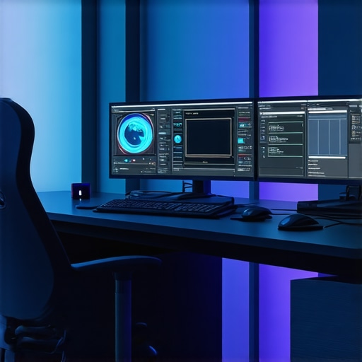 A high-tech editing workspace featuring holographic interfaces and haptic feedback controllers