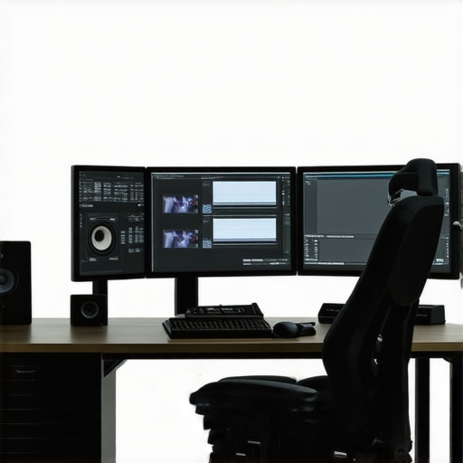 A modern content creation workspace showing monitors, audio equipment, and lighting setup