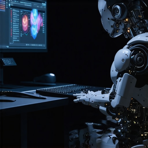 A high-tech editing room with robotic devices and AI interfaces for creative editing.
