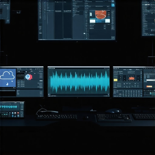 A professional editing setup featuring multiple screens, tactile controllers, and cloud integration interfaces.