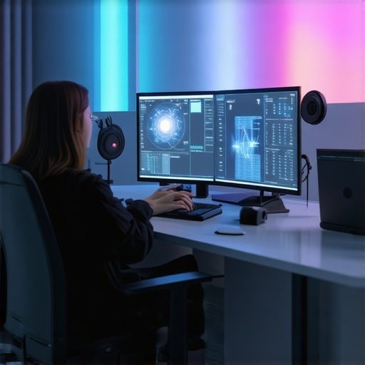 A modern digital workspace showcasing holographic screens and AI-driven editing tools