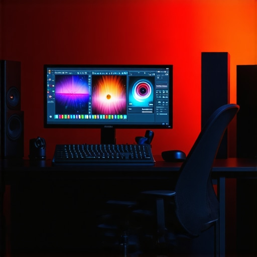 A modern professional editing workstation featuring color-critical monitors, audio equipment, and AI editing tools
