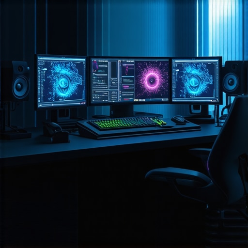 Next-Gen Editing Workspace A modern, high-tech editing setup featuring AI-integrated hardware and color calibration equipment