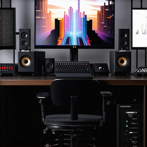 Next-Gen Multimedia Editing Equipment A cutting-edge editing workstation showcasing high-tech software interfaces and specialized accessories for video, photo, and audio editing.