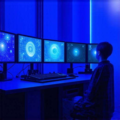 A high-tech editing environment featuring holographic screens and multisensory tools.