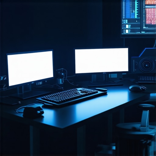 High-tech editing setup featuring dual monitors, holographic displays, and ergonomic accessories.