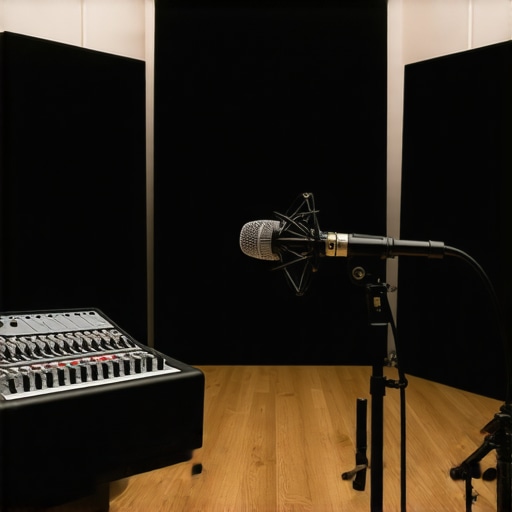 A professional audio recording studio with microphone, soundproofing, and audio interface.