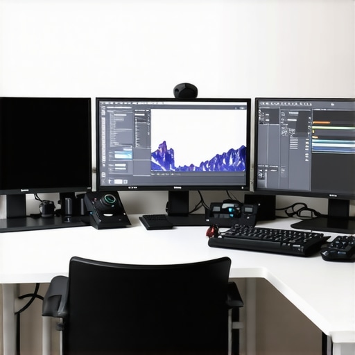 Modern digital workspace with multiple screens and editing equipment