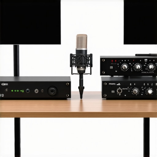 A modern audio editing workspace with top-tier microphones, interfaces, and monitors
