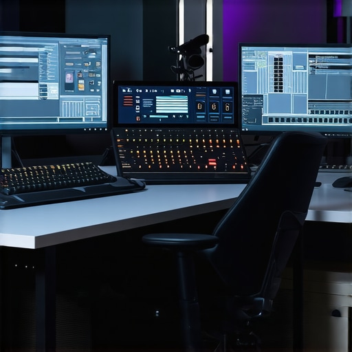 An ergonomic editing station featuring dual monitors, control surfaces, and audio gear in a professional studio environment.
