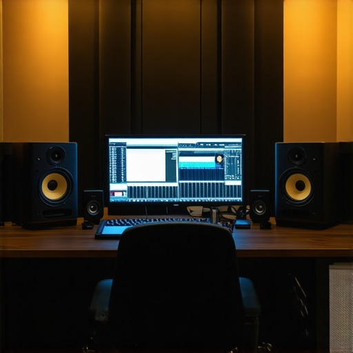 A high-end sound editing room with acoustic panels and dual monitors