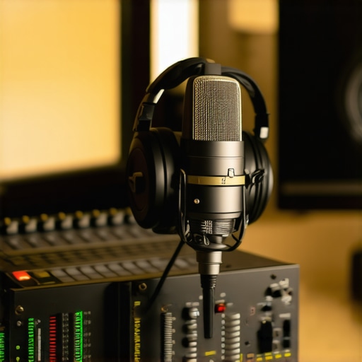 Professional Audio Editing Equipment Setup A professional audio editing workspace featuring a microphone, headphones, and audio interface.