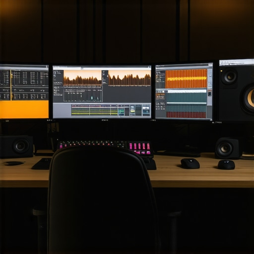A modern professional editing studio featuring dual monitors, a mechanical keyboard, and clean workspace.