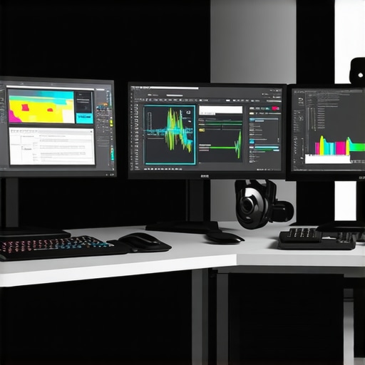 A modern editing desk featuring advanced AI-driven tools and ergonomic gear