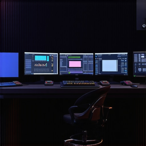 A state-of-the-art editing workspace featuring synchronized displays and control interfaces.