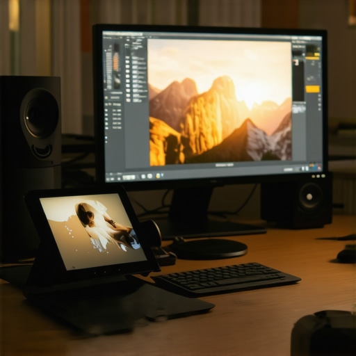 A modern editing studio featuring advanced hardware and vibrant editing screens