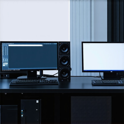 A modern content creation workstation featuring multiple monitors, control surfaces, and high-speed storage for professional editing.