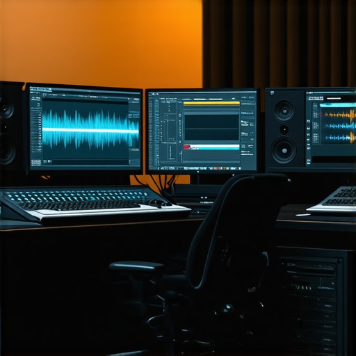 State-of-the-Art Editing Setup with Accessories Modern professional editing workstation showcasing high-resolution monitors, control surface, and audio gear.