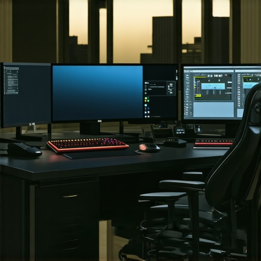 Modern content creator's workspace with advanced editing accessories and multiple screens.