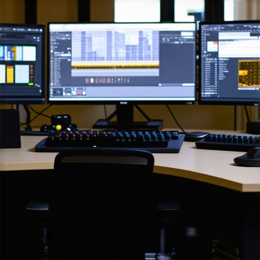 Professional editing setup with control panels and high-resolution displays.