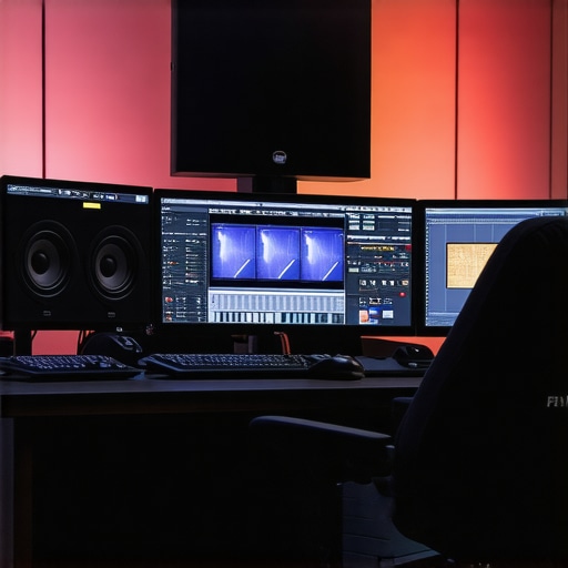 State-of-the-art editing environment A modern professional editing workspace with multiple screens and calibration hardware.