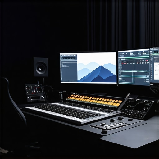 Advanced Editing Studio Setup A state-of-the-art video editing workspace with monitors, control hardware, and sensors.