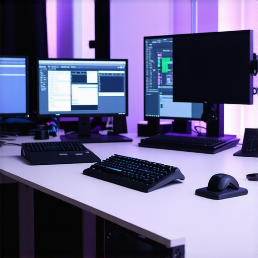 A professional video editing station with dual monitors displaying color grading and timeline editing software.
