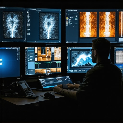 A professional editor uses multiple monitors displaying color grading and neural style transfer techniques, representing advanced editing workflows.