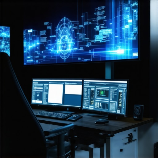 Futuristic Content Creation Environment A cutting-edge digital editing studio featuring holographic interfaces and multiple high-resolution displays