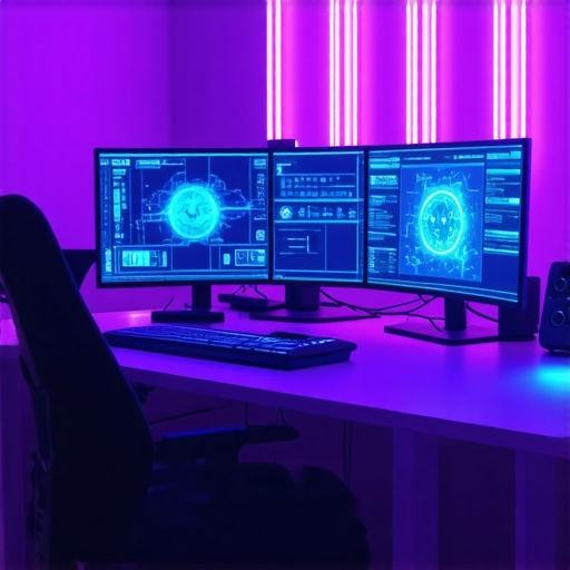 Futuristic Editing Environment with AI and VR A modern digital editing studio featuring AI interfaces and virtual reality equipment, showcasing advanced technology in post-production