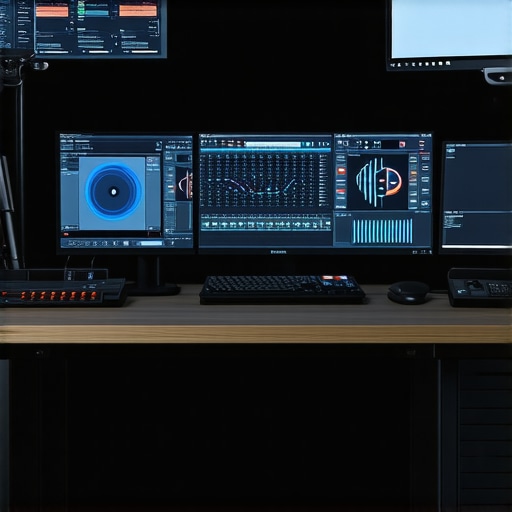 Futuristic Editing Setup with Haptic and Neural Devices A modern editing station featuring haptic sliders and neural control gear