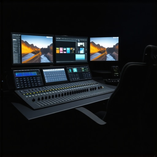 Futuristic Video Editing Studio with AI Tech A modern professional video editing room featuring advanced AI control interfaces and immersive data visualization.